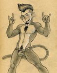  anthro balls barely_contained barely_visible_genitalia body_hair bulge chest_hair clothed clothing devil_horns front_view happy_trail jockstrap leaning leaning_back mammal mohawk monkey monochrome naughty_face navel nipples pecs pencil_(artwork) pinup pose primate pubes slim smile standing topless traditional_media_(artwork) tush underwear 