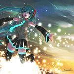  aqua_eyes aqua_hair artist_name ass_visible_through_thighs bare_shoulders boots detached_sleeves hatsune_miku jumping long_hair necktie outstretched_arms skindentation solo sowel star teeth thigh_boots thighhighs thighs twintails vocaloid 