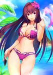  akisa_(12023648) bikini breasts cloud cloudy_sky day fate/grand_order fate_(series) highres kunai large_breasts long_hair looking_at_viewer midriff navel outdoors palm_tree purple_hair red_eyes scathach_(fate)_(all) scathach_(swimsuit_assassin)_(fate) sky solo swimsuit tree weapon 