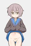  1girl brown_eyes cardigan expressionless female glasses grey_hair looking_at_viewer nagato_yuki navel no_panties pussy rountain school_uniform shirt short_hair simple_background skirt skirt_lift sleeves_past_wrists solo suzumiya_haruhi_no_shoushitsu suzumiya_haruhi_no_yuuutsu uncensored white_background 