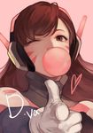  bangs bodysuit brown_eyes brown_hair bubble_blowing character_name chewing_gum d.va_(overwatch) eyebrows eyebrows_visible_through_hair facepaint facial_mark finger_gun gloves headphones heart long_hair looking_at_viewer masa_ashe one_eye_closed overwatch pauldrons pilot_suit pink_background pointing pointing_at_viewer ribbed_bodysuit shoulder_pads simple_background solo spoken_heart upper_body whisker_markings white_gloves 