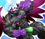 abs biceps big_muscles black_skin clothing dragon ear_piercing erect_nipples fin horn huge_muscles invalid_tag kuroma male muscular nipples open_mouth peace pecs piercing purple_skin quads red_eyes reptile scalie sharp_teeth sixpack smile solo speedo swimsuit teeth tongue triceps wide_hips wings 