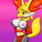  2016 anthro big_breasts breast_grab breast_milking breasts canine chameloshi delphox ear_tuft female fox fur grey_fur hand_on_breast holding_breast jewelry lactating looking_at_viewer mammal necklace nintendo nipples pok&eacute;mon red_eyes red_fur smile solo tongue tongue_out tuft video_games white_fur 