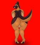  2016 anthro anus big_breasts big_butt breasts butt canine dog female german_shepherd hi_res huge_breasts humanoid looking_at_viewer mammal nipples nude presenting presenting_hindquarters pussy simple_background smile smr solo standing 