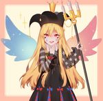  alternate_costume black_dress blonde_hair borrowed_design candle clownpiece crown dress facepaint hajin hat jester_cap long_hair looking_at_viewer neck_ruff polearm red_eyes see-through simple_background smile solo star striped touhou trident weapon wings 