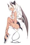  arm_at_side bad_id bad_tumblr_id bare_arms bare_shoulders black_skirt bow breasts cleavage dark_skin demon_girl demon_horns demon_wings from_side full_body hair_bow hand_on_own_knee high_heels horns leg_up long_hair looking_at_viewer looking_to_the_side lpip medium_breasts navel no_socks on_table original plantar_flexion pointy_ears ponytail revealing_clothes simple_background sitting skirt solo stomach table very_long_hair white_background white_hair wings yellow_eyes 