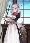  alternate_costume apron blue_eyes blush bow crossover curtains enmaided feathers fusion gloves hair_feathers hair_ornament hat highres juliet_sleeves kantai_collection kashima_(kantai_collection) kikimora_(monster_girl_encyclopedia) light_smile long_sleeves looking_at_viewer maid maid_apron monster_girl monster_girl_encyclopedia monsterification paundo2 puffy_long_sleeves puffy_sleeves short_hair silver_hair solo tail twintails white_gloves window 