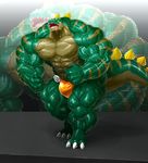  abs biceps claws clothing fist green_skin huge_muscles kuroma liquid lizard male muscular number open_mouth orange_underwear pecs pose quads reptile roaring scalie screen sharp_teeth sixpack small_head solo speedo spikes sweat swimsuit teeth thick_tail tongue triceps wide_hips 