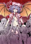  bat_wings blood blood_on_face bow frilled_panties frills hat hat_bow mob_cap navel nipple_slip nipples open_clothes open_mouth panties puffy_short_sleeves puffy_sleeves purple_hair red_background red_eyes remilia_scarlet short_sleeves standing swarm touhou uirou_(uirou1) underwear white_panties wings wrist_cuffs zombie 