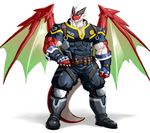  abs armor badge belt biceps big_muscles blue_eyes boots claws clothing dragon footwear gloves horn kuroma looking_at_viewer male muscular pecs police red_skin reptile scales scalie simple_background spikes thick_tail triceps white_skin wings 