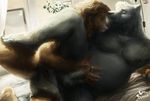  anthro beard bedding bedroom belly boxers_(clothing) brown_fur brown_hair bulge canine clothed clothing digital_media_(artwork) digital_painting_(artwork) duo elaz erection erection_under_clothes eyes_closed facial_hair feet feline fur grey_fur hair hand_holding hand_on_stomach hindpaw humanoid_feet humanoid_penis inside lamp lion lying male male/male mammal morning nipples nude on_side otterscience overweight paws pecs penis plant precum raised_leg romantic_couple smile spooning spread_legs spreading topless underwear watermark window wolf 