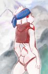  2016 anthro bulge butt cainethelongshot clothed clothing cloud fur headband invalid_tag lagomorph looking_at_viewer looking_back lop lop_eared male mammal markings mountain outside rabbit red_eyes sky solo standing underwear vest white_fur 