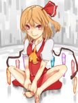  ascot barefoot blonde_hair bow crystal flandre_scarlet hair_bow indian_style nurupo_(abooon) red_eyes side_ponytail sitting solo touhou wings 