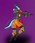  2016 anthro assault_rifle augmentation blue_skin butt canine clothed clothing cybernetics female future futuristic gun hi_res humanoid looking_at_viewer machine mammal ranged_weapon rifle simple_background smr solo thick_thighs weapon wolf 