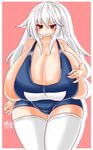  1girl alternate_breast_size ayazumi_flutter blue_swimsuit blush breasts bursting_breasts cleavage collarbone fat female gigantic_breasts kantai_collection kikuzuki_(kantai_collection) long_hair looking_at_viewer one-piece_swimsuit plump red_eyes school_swimsuit sideboob silver_hair simple_background solo standing swimsuit thigh_gap thighhighs white_legwear wide_hips 