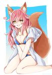  animal_ears bikini blue_bikini blush breasts cleavage fang fate/extra fate/grand_order fate_(series) fox_ears fox_tail heart jewelry large_breasts long_hair necklace open_mouth pink_hair sanai_(135yua) sitting solo swimsuit tail tamamo_(fate)_(all) tamamo_no_mae_(fate) tamamo_no_mae_(swimsuit_lancer)_(fate) yellow_eyes 
