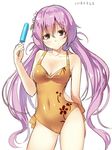  alternate_costume arm_at_side ass_visible_through_thighs bare_arms bare_legs bare_shoulders collarbone contrapposto covered_navel floral_print flower food hair_between_eyes hair_flower hair_ornament kasa_jizou long_hair looking_at_viewer one-piece_swimsuit popsicle purple_eyes purple_hair smile solo standing swimsuit thighs touhou tsukumo_benben twintails very_long_hair yellow_swimsuit 