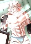  biceps bulge clothing fangs feline fur green_eyes hair hair_ornament hi_res hybrid liger looking_at_viewer mammal muscular navel nipples phone pink_nose pubes selfie shinobiya short_hair smile teeth underwear white_fur white_hair yellow_eyes 