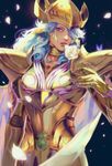  androgynous biting blue_hair cowboy_shot emg_(christain) flower flower_in_mouth gauntlets gold_armor gold_saint helmet long_hair looking_at_viewer male_focus mole mole_under_eye parted_lips pisces_aphrodite realistic rose saint_seiya solo white_flower white_rose 