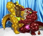  abs biceps blush bulge claws clothing dragon duo feet fin fish green_eyes hat headband hoodie horn huge_muscles kuroma lizard male marine muscular number oil pecs pose quads red_skin reptile scales scalie shark sharp_teeth sixpack smile speedo spikes swimsuit teeth thick_tail toes tongue triceps wide_hips yellow_skin 