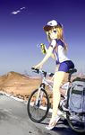  ass baseball_cap bicycle bike_jersey bike_shorts blonde_hair blue_eyes blue_sky blush bottle cloud day from_behind ground_vehicle hat highres long_hair looking_at_viewer looking_back open_mouth original outdoors riding road scenery shoes shuffle_(songdatiankong) sky sneakers solo water_bottle 