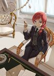  ashtray chandelier cigar crossed_legs formal fountain_pen hair_over_shoulder highres jewelry looking_at_viewer looking_up love_live! love_live!_school_idol_project low_ponytail necktie nishikino_maki pen purple_eyes red_hair ring scrunchie short_hair sitting smile solo suit tsurime watch zhanzheng_zi 