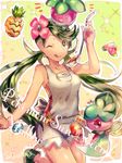  :p apron dark_skin flower fomantis gen_7_pokemon green_eyes green_hair hibiscus mao_(pokemon) naru_(andante) pokemon pokemon_(creature) pokemon_(game) pokemon_sm tongue tongue_out trial_captain twintails 