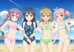  akebono_(kantai_collection) ball bandaid bandaid_on_face beach beach_umbrella beachball bell bikini black_hair blush breasts brown_eyes brown_hair bunny casual_one-piece_swimsuit clenched_hand cloud condensation_trail crab day double_v flat_chest flower goggles goggles_around_neck hair_bell hair_bobbles hair_flower hair_ornament hand_on_hip highres jingle_bell kantai_collection long_hair multiple_girls navel nedia_(nedia_region) oboro_(kantai_collection) ocean one-piece_swimsuit open_mouth outdoors pink_eyes pink_hair polka_dot polka_dot_swimsuit ponytail purple_eyes purple_hair sazanami_(kantai_collection) scrunchie side-tie_bikini sky smile swimsuit twintails umbrella ushio_(kantai_collection) v very_long_hair wrist_scrunchie 