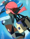  1girl ass female fuuro_(pokemon) gym_leader long_hair looking_back nintendo official_art pokemon pokemon_bw ponytail scan sky solo 