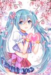  absurdres aqua_hair blue_eyes cherry_blossoms chuor_(chuochuoi) hatsune_miku heart highres long_hair midriff open_mouth skirt solo twintails very_long_hair vocaloid 