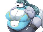  anthro belly big_belly big_breasts blue_eyes blue_hair breasts canine clothed clothing female fox fur fuyusen grey_fur hair hi_res looking_at_viewer mammal open_mouth overweight simple_background solo standing white_belly yosioka_san 