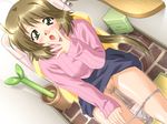  ahoge blue_skirt blush bow breasts brick_floor brown_hair cc_syndrome censored dutch_angle english flower_pot game_cg green_eyes hair_bow hand_on_own_thigh hand_to_own_mouth huge_bow long_hair looking_at_viewer mosaic_censoring open_mouth panties panty_pull pee peeing pink_sweater ponytail pubic_hair pussy sakura_iori shelf sirpent sitting skirt skirt_lift solo spread_fingers striped striped_sweater surprised sweater toilet toilet_use trash_can underwear white_panties yellow_bow 
