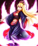  :o black_dress blonde_hair chinese_clothes commentary_request crescent dress energy fox_tail hat junko_(touhou) jyakariko long_hair long_sleeves looking_at_viewer multiple_tails outstretched_arms red_eyes sash solo spread_arms tabard tail touhou v-shaped_eyebrows wide_sleeves 