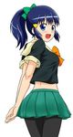  arms_behind_back blue_eyes blue_hair bow bowtie cosplay crop_top dark_blue_hair green_skirt hair_bow hasemi_shiruku hikari_(pokemon) kantai_collection pantyhose pleated_skirt pokemon pokemon_(anime) pokemon_dp_(anime) ponytail school_uniform serafuku skirt yuubari_(kantai_collection) yuubari_(kantai_collection)_(cosplay) 