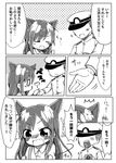  0_0 1boy 1girl 3koma absurdres admiral_(kantai_collection) animal_ears arm_warmers asashio_(kantai_collection) blush closed_eyes comic commentary dog_ears greyscale halftone hat highres jako_(jakoo21) kantai_collection kemonomimi_mode long_hair long_sleeves military military_uniform monochrome open_mouth peaked_cap short_hair suspenders translated uniform wavy_mouth 