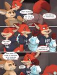  2016 anthro canine clothing comic dialogue disney dress duo english_text eye_contact fennec finnick fox glare holding_clothing humor male mammal midriff nick_wilde seth-iova snarling speech_bubble surprise text zootopia 