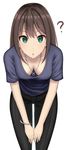  ? absurdres black_hair breasts cleavage commentary_request downblouse eyebrows eyebrows_visible_through_hair green_eyes highres idolmaster idolmaster_cinderella_girls jewelry leaning_forward long_hair looking_at_viewer medium_breasts mizukoshi_(marumi) shibuya_rin shirt simple_background solo v_arms white_background 