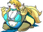 anthro belly big_belly big_breasts blonde_hair blue_eyes breasts canine clothed clothing eating female fox fur fuyusen hair hi_res looking_at_viewer mammal open_mouth overweight simple_background solo white_belly yellow_fur yosioka_san 