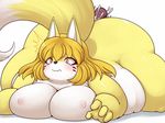  belly big_belly big_breasts big_butt blonde_hair breasts butt canine female fox fur fuyusen hair hi_res mammal overweight penetration simple_background solo spread_legs spreading surprise thick_thighs wide_hips yellow_fur yosioka_san 