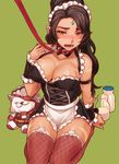  apron arm_belt arm_support bare_shoulders black_dress blush breasts brown_hair character_doll collar covered_nipples dog_collar dress fang fishnet_legwear fishnets french_maid_nidalee from_above green_background large_breasts league_of_legends lipstick long_hair looking_at_viewer maid_headdress makeup nidalee objectification open_mouth ponytail rengar seiza short_dress sieyarelow simple_background sitting thighhighs very_long_hair waist_apron wavy_hair wavy_mouth wrist_cuffs yellow_eyes 