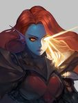  armor artstation_sample blue_skin breasts closed_mouth eyebrows eyeliner eyeshadow gd_choco glowing glowing_eye grey_background head_fins heart humanization image_sample lips long_hair looking_at_viewer makeup medium_breasts nose orange_eyes orange_hair realistic serious simple_background skirt solo spoilers straight_hair undertale undyne undyne_the_undying upper_body yellow_sclera 