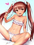  2016 :d artist_name bare_shoulders bikini blush brown_eyes brown_hair dated fang flat_chest food frilled_bikini frills hair_ribbon heart holding kantai_collection kanzaki_muyu libeccio_(kantai_collection) long_hair looking_at_viewer navel off_shoulder open_mouth polka_dot_ribbon popsicle ribbon sexually_suggestive signature simple_background sitting smile solo spread_legs strap_slip swimsuit tan twintails white_bikini 