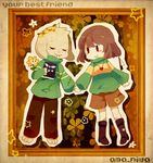  androgynous artist_name asriel_dreemurr barefoot blush_stickers boots brown_hair brown_pants brown_shorts chara_(undertale) closed_eyes floral_background flower flower_wreath flowey_(undertale) frame green_shirt green_sweater head_wreath heart heart_necklace jewelry knife locket long_sleeves monster_boy moyo_(amaniwa) necklace pants pendant plant puffy_long_sleeves puffy_sleeves red_eyes shirt short_hair shorts smile spoilers star sweater undertale vines 