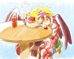  biceps big_muscles blonde_hair clothing dragon drunk eyes_closed hair headband horn kuroma liquid liquor male muscular quads red_skin reptile scalie simple_background solo spikes stool table triceps wide_hips wings 