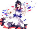  black_hair dress horns hug_(yourhug) kijin_seija looking_at_viewer multicolored_hair red_eyes red_hair solo streaked_hair touhou white_dress white_hair wristband 