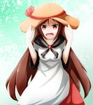  :o animal_ears brooch brown_hair commentary_request dress fangs hands_on_headwear hat hat_ribbon imaizumi_kagerou jewelry jyakariko long_hair looking_at_viewer multicolored multicolored_clothes multicolored_dress open_mouth red_eyes red_ribbon ribbon solo sun_hat touhou v-shaped_eyebrows very_long_hair wide_sleeves wolf_ears wolf_girl 