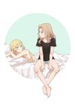  absurdres alternate_hairstyle blue_eyes blue_panties blush breasts crossed_ankles darjeeling girls_und_panzer highres kay_(girls_und_panzer) long_hair lying medium_breasts multiple_girls neiigal nude on_stomach panties shirt sideboob t-shirt under_covers underwear yuri 