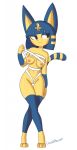  2018 animal_crossing ankha_(animal_crossing) anthro big_breasts blue_hair breasts cat digital_media_(artwork) egyptian feline female fur hair mammal mezmaroon nintendo nipples pussy simple_background solo standing uraeus video_games yellow_fur 