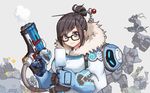  5boys armor bow_(weapon) coat food glasses gloves gun hair_bun hammer hanzo_(overwatch) junkrat_(overwatch) mei_(overwatch) multiple_boys overwatch popsicle reinhardt_(overwatch) roadhog_(overwatch) short_hair smile solo_focus terras weapon zenyatta_(overwatch) 