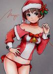  bangs bare_shoulders bell bikini black_eyes bow breasts brown_hair choker christmas flower groin hand_on_hip hat hat_flower holding leaf long_sleeves medium_breasts off_shoulder original panties red_bow red_panties ryonma santa_costume santa_hat short_hair side-tie_bikini solo swimsuit thread underwear 